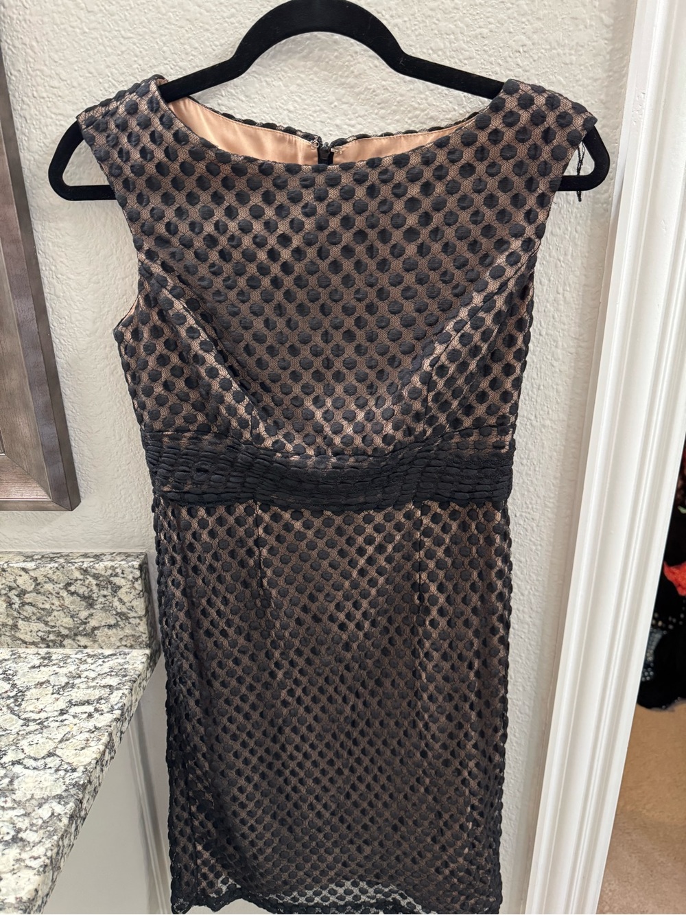 Adrianna Papell Black Nude Dot Lace Sheath Dress 4P Petite